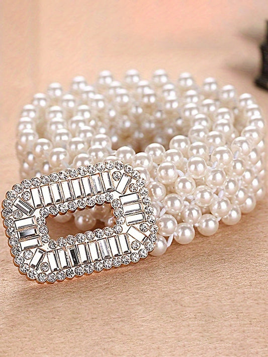 Elegance Redefined: Women's Pearl Belt with Diamond Square Buckle