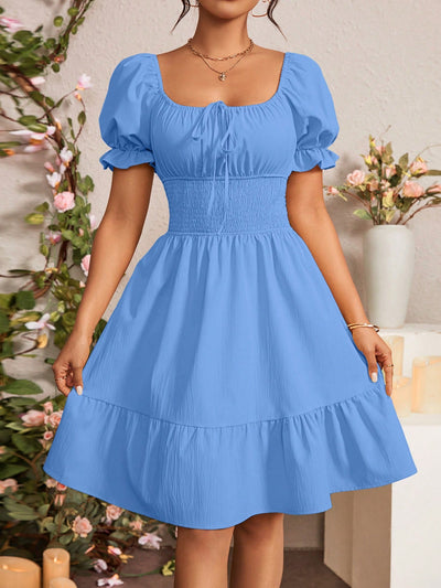 Chic Summer Vibes: Tie Front Ruffle Hem Puff Sleeve Dress