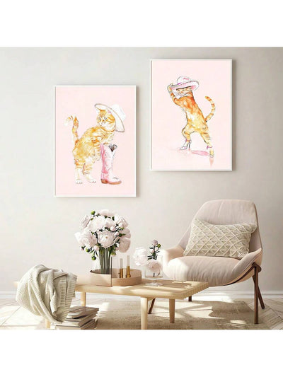 Cute Cat Cowgirl Art Poster Set: Girly Fashion Canvas Prints for Home Decoration