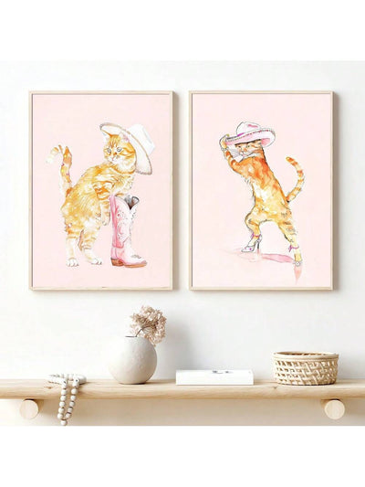 Cute Cat Cowgirl Art Poster Set: Girly Fashion Canvas Prints for Home Decoration