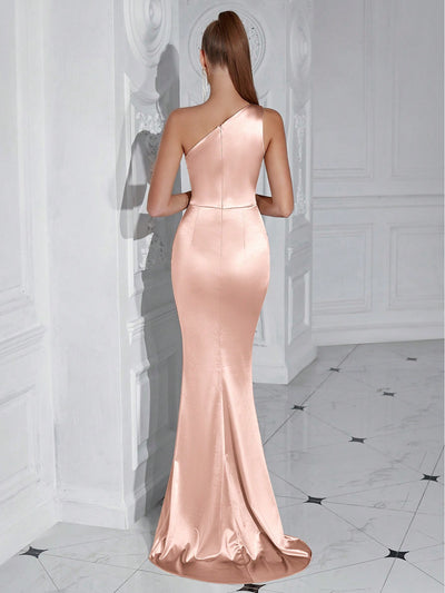 Sophisticated Glamour: Shoulder Pleated High Slit Cocktail Party Prom Dress