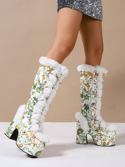 Y2K Punk Chic: Knee-High Plush Thick Boots for Trendsetting Women