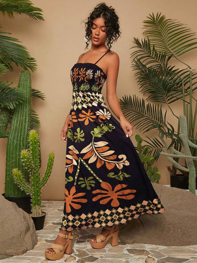 Women's Summer Printed Bustier Spaghetti Strap Dress - Perfect for Holiday Getaways