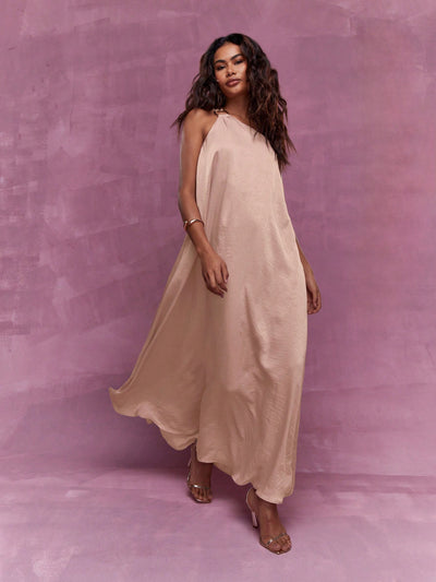 Chic and Elegant: Detail Satin Flowy One Shoulder Maxi Dress