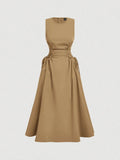Camel tan sleeveless midi dress front view with side tie detail