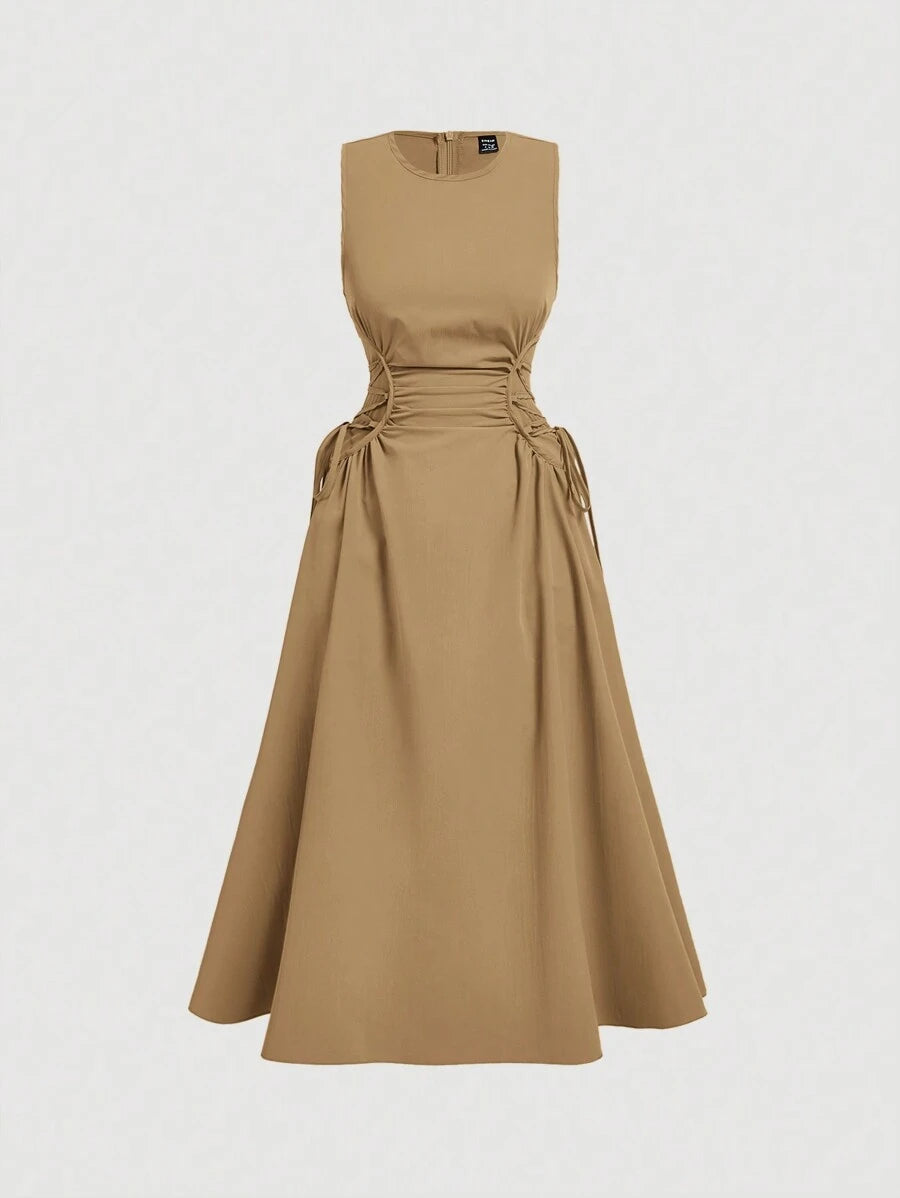 Camel tan sleeveless midi dress front view with side tie detail