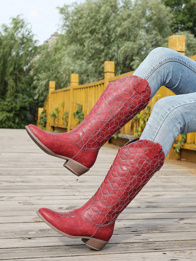 Red Checkerboard Patterned Western Style Boots: Chunky Heel, Rounded Toe, and Versatile Elegance