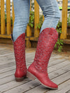 Red Checkerboard Patterned Western Style Boots: Chunky Heel, Rounded Toe, and Versatile Elegance