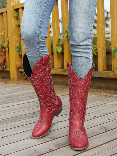 Red Checkerboard Patterned Western Style Boots: Chunky Heel, Rounded Toe, and Versatile Elegance