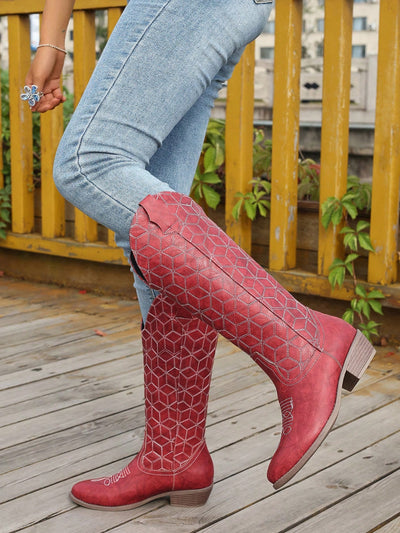 Red Checkerboard Patterned Western Style Boots: Chunky Heel, Rounded Toe, and Versatile Elegance