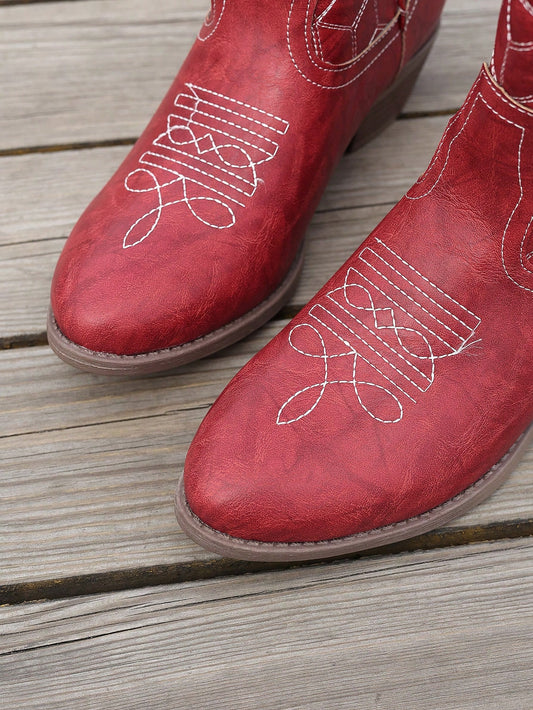 Red Checkerboard Patterned Western Style Boots: Chunky Heel, Rounded Toe, and Versatile Elegance