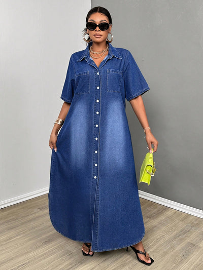 Chic & Stylish Plus Size Denim Shirt Dress - Perfect for Back to School