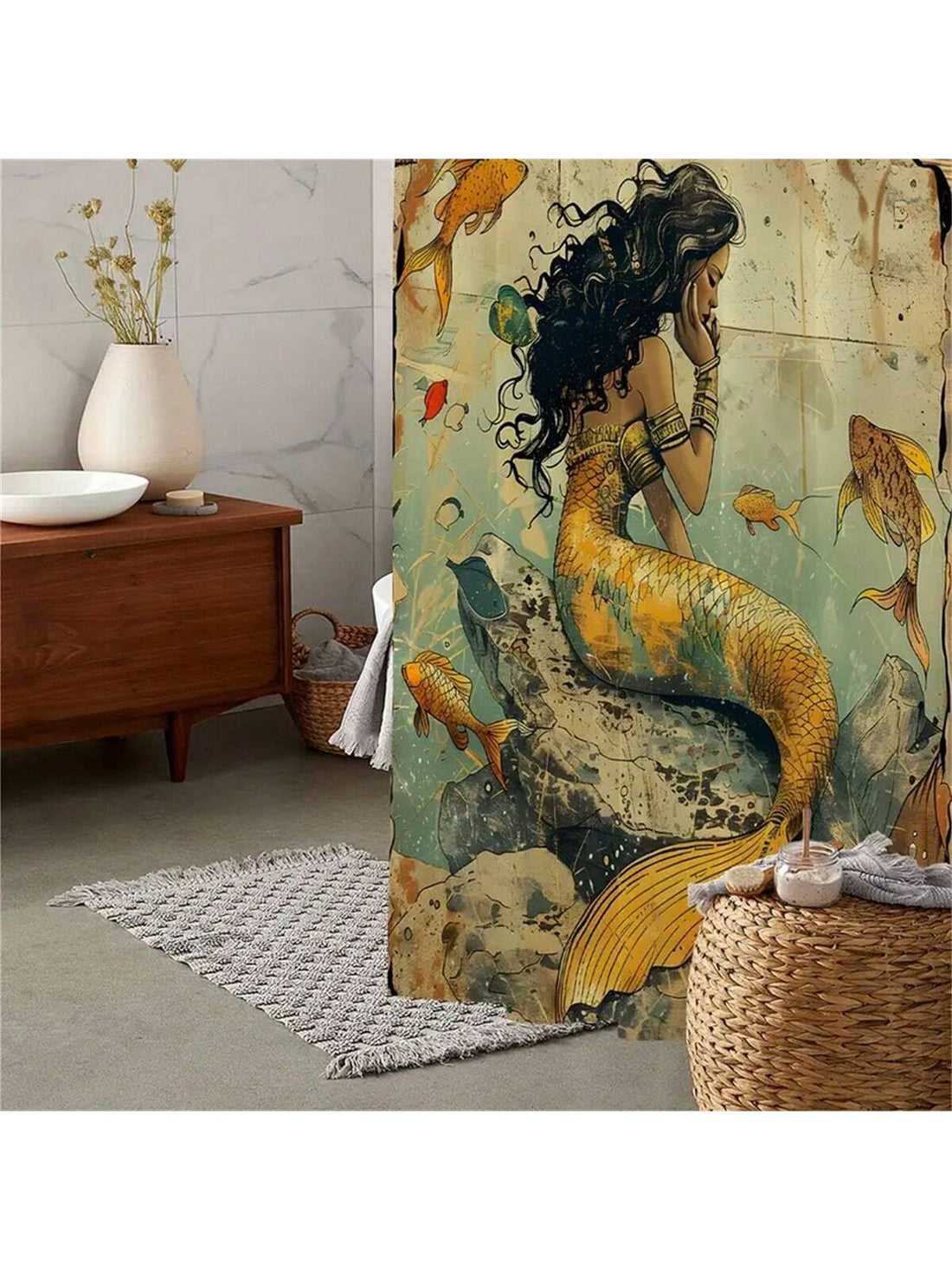This Vintage Ocean Mermaid Shower Curtain brings a touch of whimsy to your bathroom. Made from waterproof polyester, it's durable and easy to clean. The included hooks make installation a breeze. Transform your space into a tranquil ocean escape with this beautiful curtain.