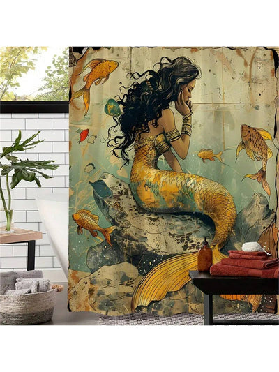 Vintage Ocean Mermaid Shower Curtain: Waterproof Polyester Bathroom Partition with Hooks