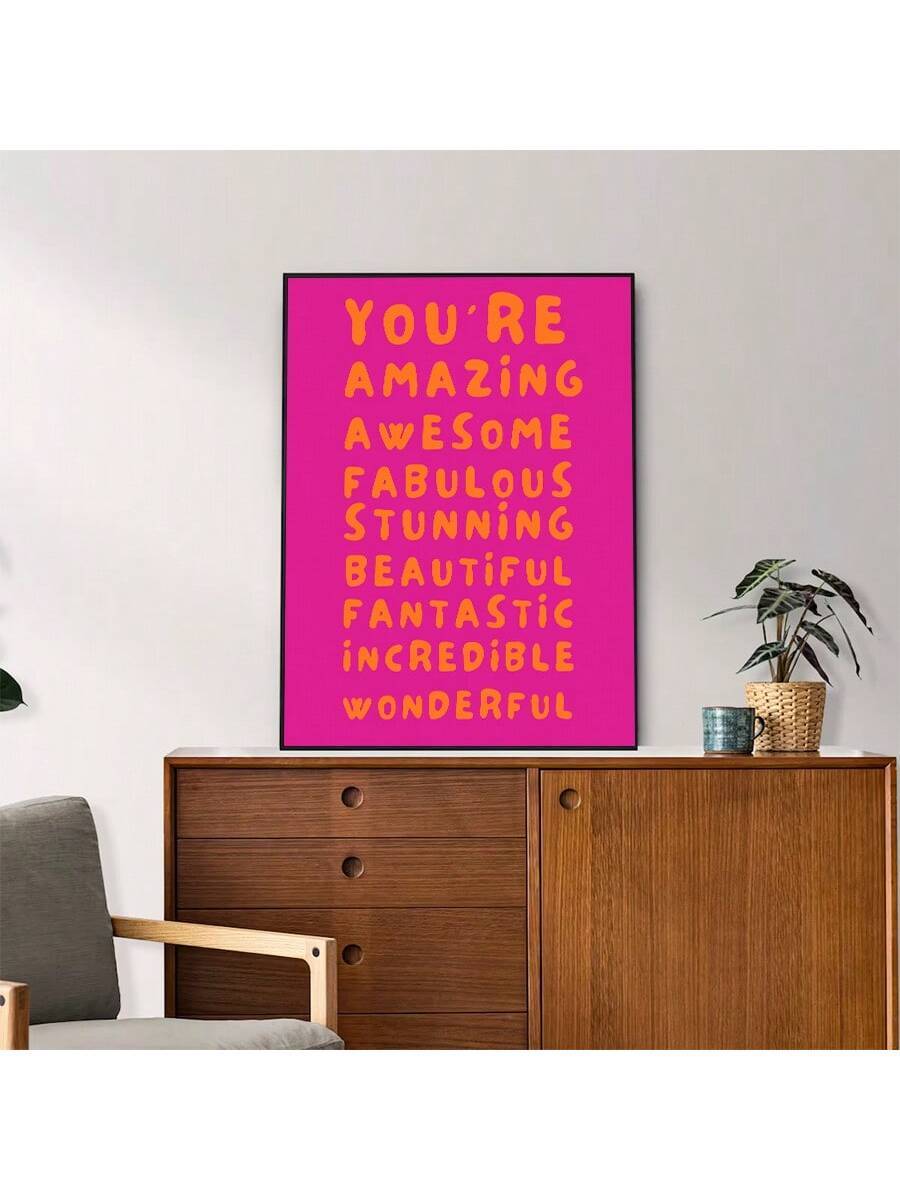 Retro inspirational canvas poster displayed as colorful bedroom wall decor