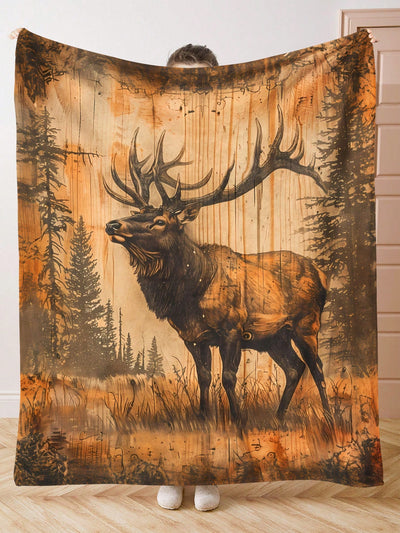 Rustic Deer Plush Blanket - Cozy Woodgrain Design for Year-Round Comfort