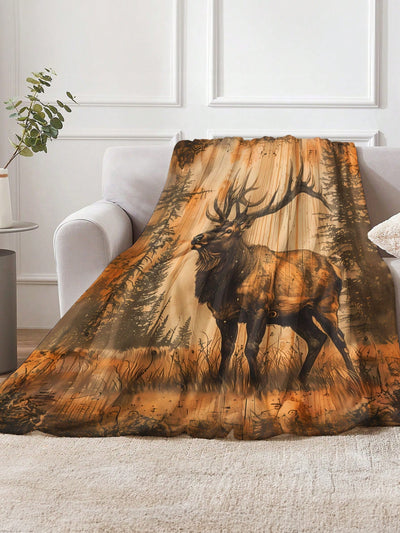 Rustic Deer Plush Blanket - Cozy Woodgrain Design for Year-Round Comfort