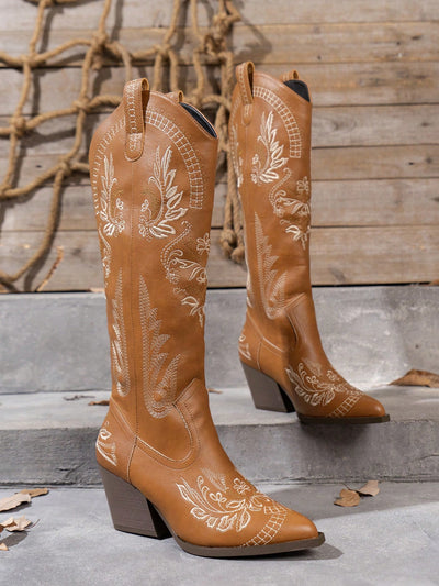 Floral Embroidery Chunky Heel Cowgirl Boots – Perfect for Autumn & Winter Adventures