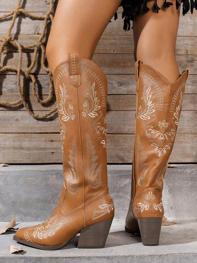 Floral Embroidery Chunky Heel Cowgirl Boots – Perfect for Autumn & Winter Adventures