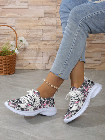 Skull Flower Print Athletic Shoes: Comfortable and Stylish for Outdoor Leisure