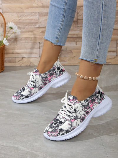 Skull Flower Print Athletic Shoes: Comfortable and Stylish for Outdoor Leisure