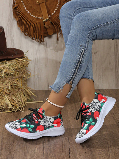 Skull Flower Print Athletic Shoes: Comfortable and Stylish for Outdoor Leisure