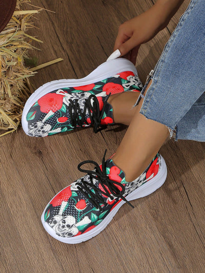 Skull Flower Print Athletic Shoes: Comfortable and Stylish for Outdoor Leisure