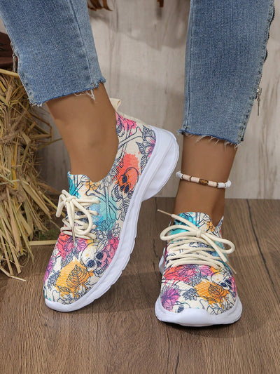 Skull Flower Print Athletic Shoes: Comfortable and Stylish for Outdoor Leisure