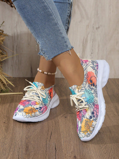 Skull Flower Print Athletic Shoes: Comfortable and Stylish for Outdoor Leisure