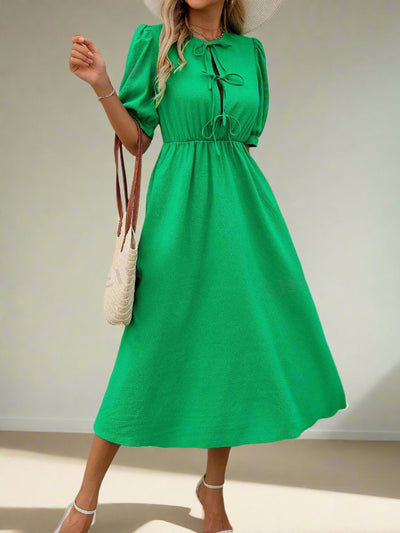 Green Bow-Tied Puff Sleeve Dress: Sweet & Stylish Casual Elegance for Women