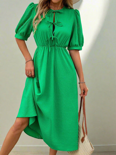 Green Bow-Tied Puff Sleeve Dress: Sweet & Stylish Casual Elegance for Women