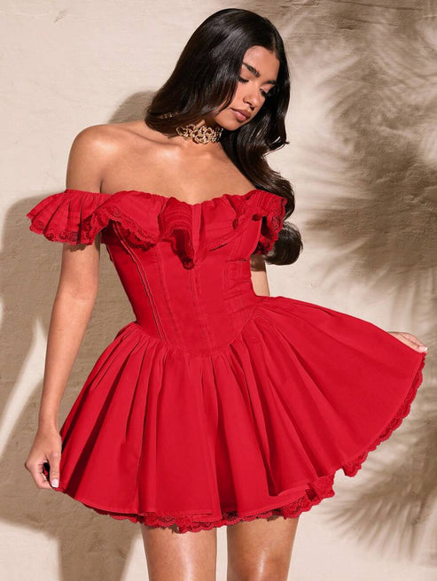Red off-the-shoulder A-line dress with lace trim and petal sleeves