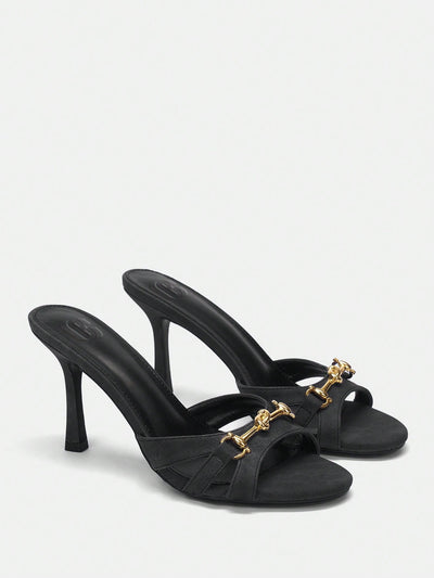 Chic Elegance: Brown Stiletto Mule Sandals with Metal Accents for Any Occasion