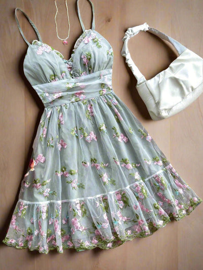 Green Floral Embroidery Backless Dress: Perfect for Summer Vacations and Graduation Season