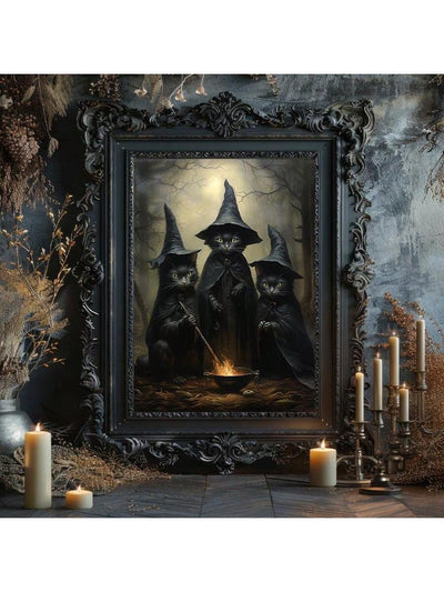 Spooky Black Cat Print Canvas Wall Art for Halloween Home Decor