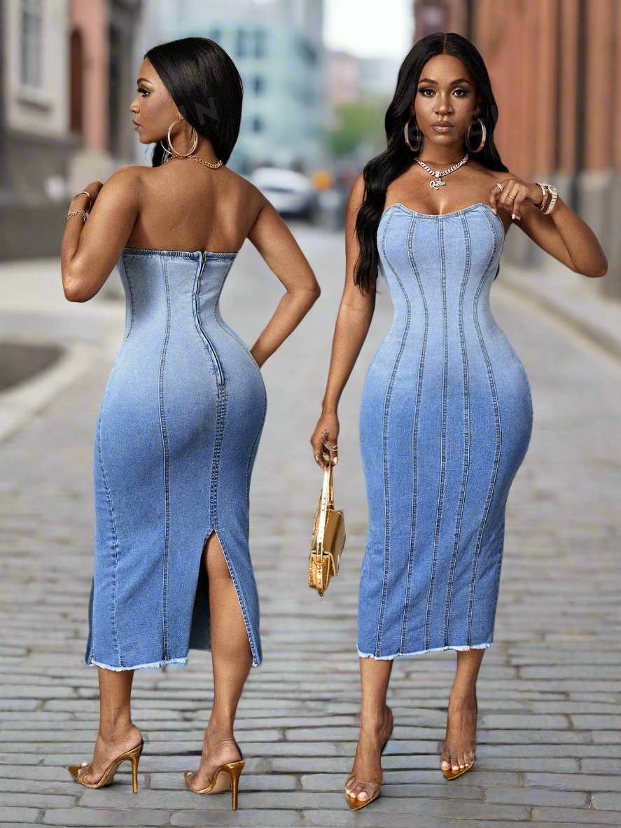Introducing the Sunset Dreams strapless gradient denim dress for women. Made with high-quality denim, this dress features a unique gradient design that adds a touch of elegance to your outfit. The strapless style allows for a comfortable and flattering fit, perfect for any occasion. Upgrade your wardrobe with this must-have dress.