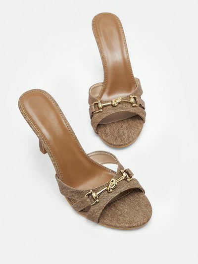 Chic Elegance: Brown Stiletto Mule Sandals with Metal Accents for Any Occasion