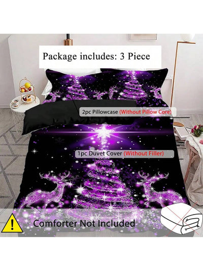 Purple Christmas Tree Print Duvet Cover Set - Cozy Holiday Bedding Trio