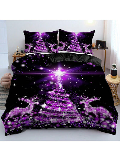 Purple Christmas Tree Print Duvet Cover Set - Cozy Holiday Bedding Trio