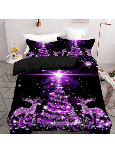 Purple Christmas Tree Print Duvet Cover Set - Cozy Holiday Bedding Trio