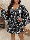 Floral Elegance: Plus Size Women’s Deep V-Neck Flare Sleeve Dress