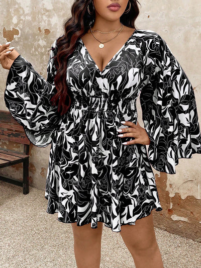 Floral Elegance: Plus Size Women’s Deep V-Neck Flare Sleeve Dress