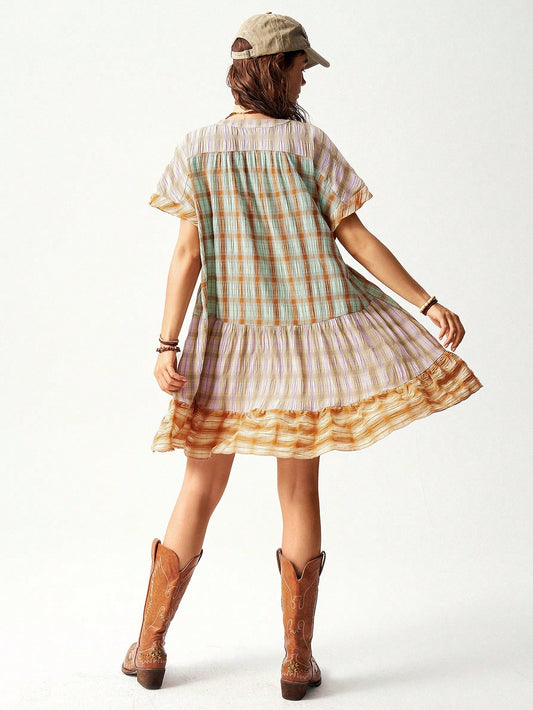 Bohemian Vibes: Multi-Colored Plaid Patchwork Vacation Dress for Effortless Style