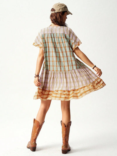 Bohemian Vibes: Multi-Colored Plaid Patchwork Vacation Dress for Effortless Style