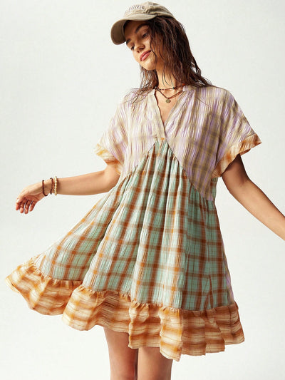 Bohemian Vibes: Multi-Colored Plaid Patchwork Vacation Dress for Effortless Style