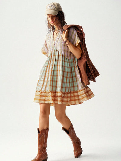 Bohemian Vibes: Multi-Colored Plaid Patchwork Vacation Dress for Effortless Style