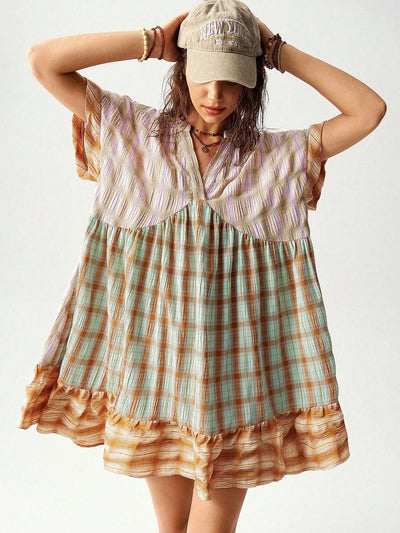 Bohemian Vibes: Multi-Colored Plaid Patchwork Vacation Dress for Effortless Style