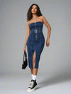 Chic and Sassy: Petite Denim Strapless Dress with Zipper Detail