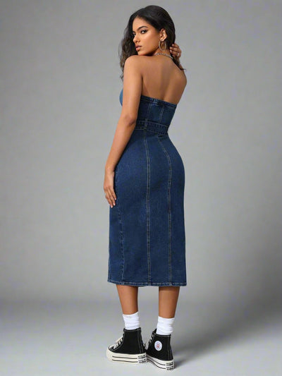 Chic and Sassy: Petite Denim Strapless Dress with Zipper Detail