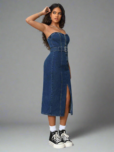 Chic and Sassy: Petite Denim Strapless Dress with Zipper Detail